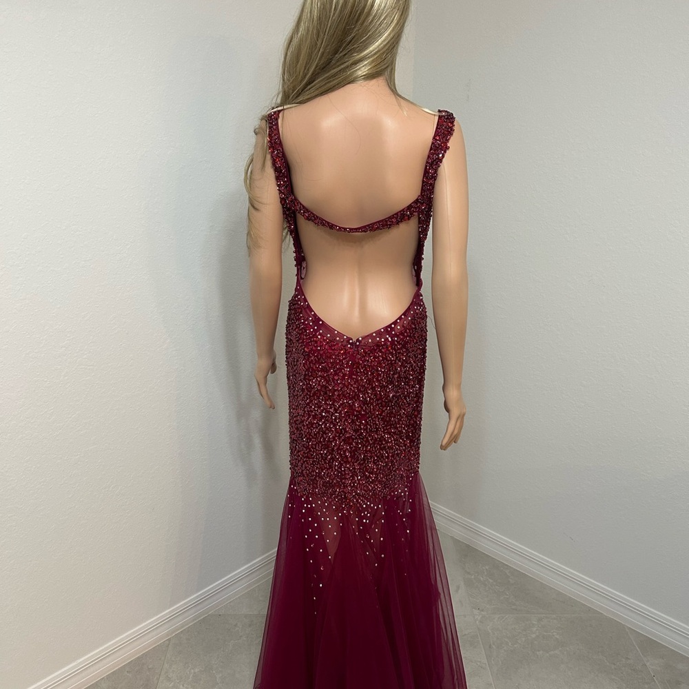 Jovani Wine Red Sequin Backless Gown